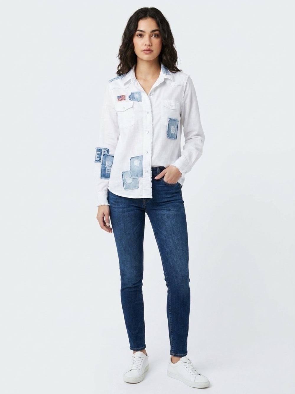 Generation Love women’s long sleeve button up Shirt Sz M Distressed patch work